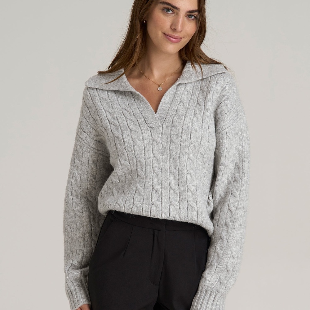American Tall Johnny Collar Cable Knit Sweater for Tall Women in Grey Mix Size S